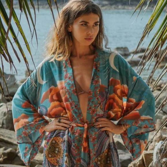 🌸 ROBE MOON SKY KIMONO DUSTER LONG MAXI KAFTAN BREATHE BOHEMIAN BOHO CHIC TEAL - Picture 6 of 12